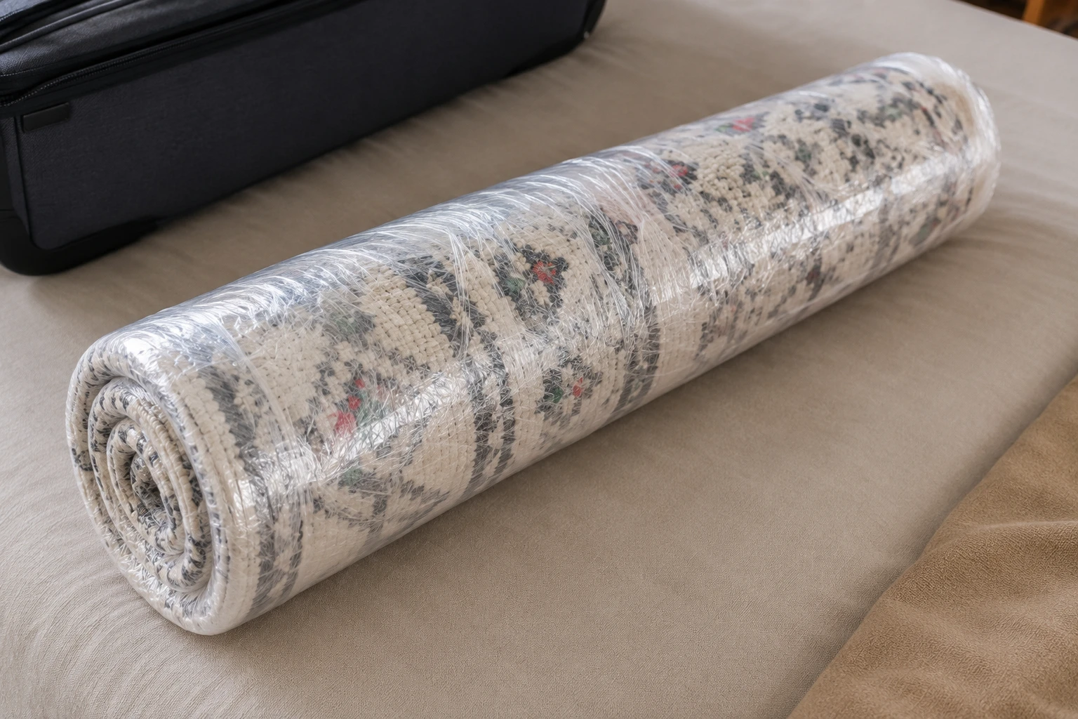 Tapis marocain roulé et protégé avec du film étirable avant le voyage